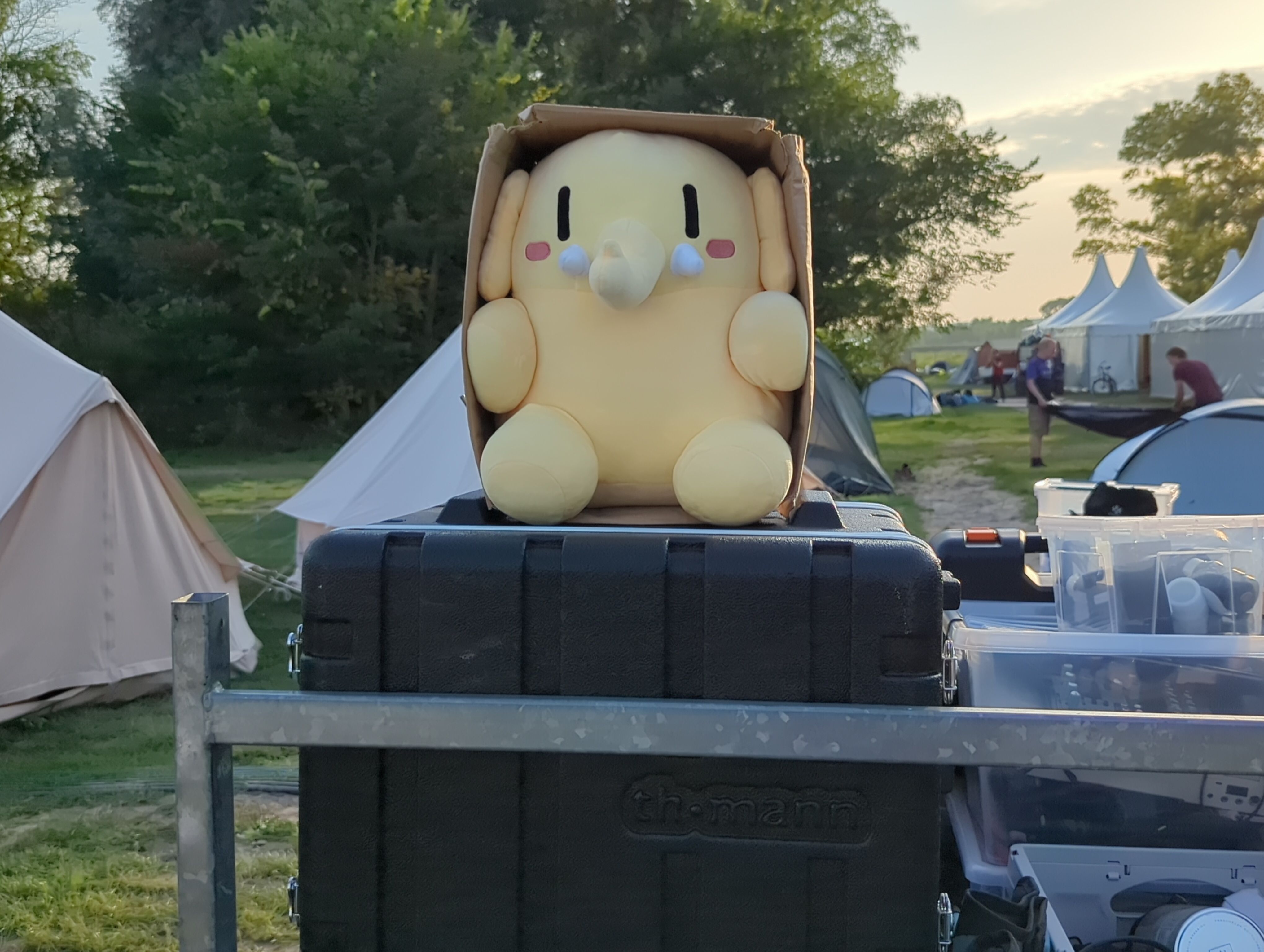a mastodon plushie contained in a box, on a trailer full of Stuff
