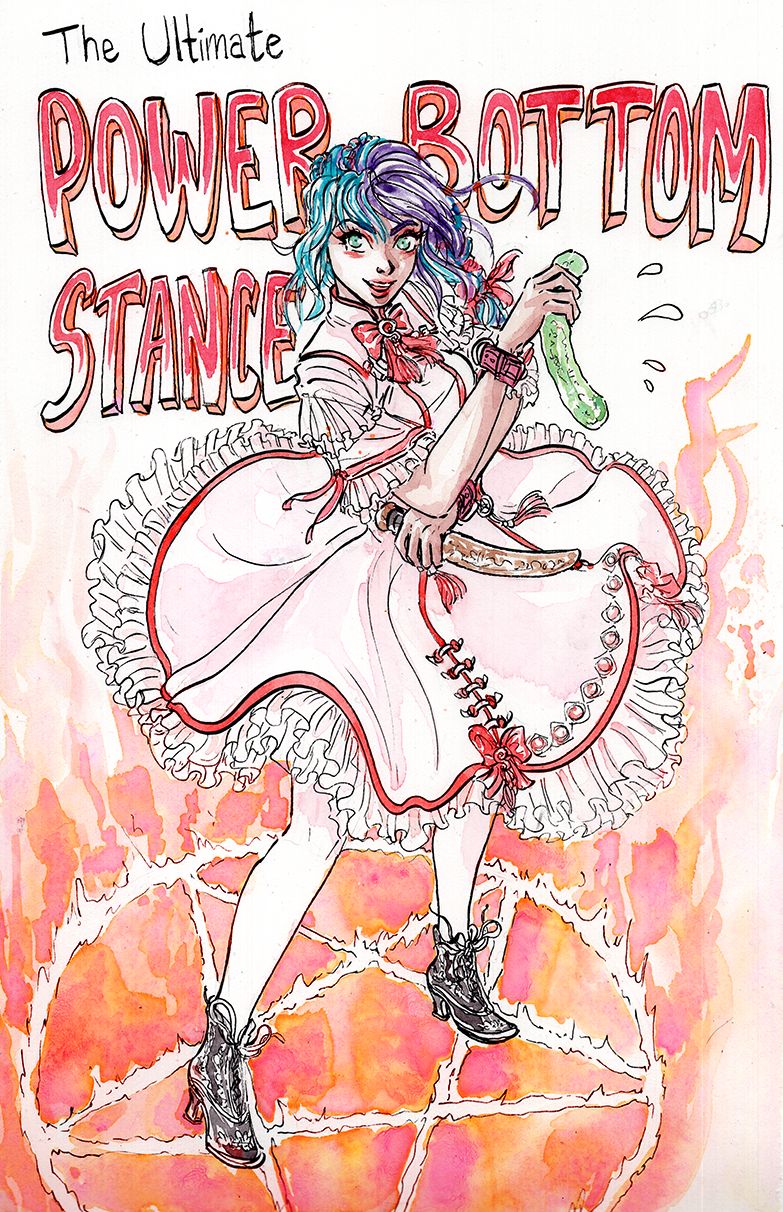 a painting of Eike, the main character of Jenitales Artemisia, in her Power Bottom Stance, holding two phallic objects and standing in the middle of a pentagram