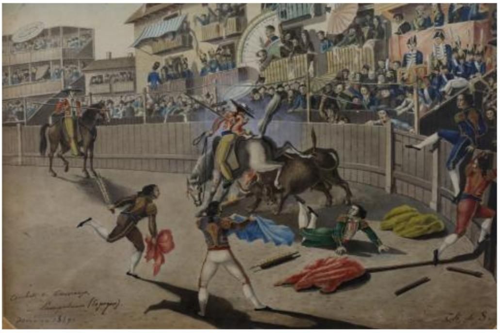 Una corrida de toros de 1829 en la Plaza del Castillo, obra del pintor francés Charles de Séchant
Hasta 1843, fue Coso Taurino. También fue un eral, lugar de torneos, duelos y otro tipo de festejos y celebraciones.
Source 
https://nabarralde.eus/plaza-del-castillo-hasta-1900/