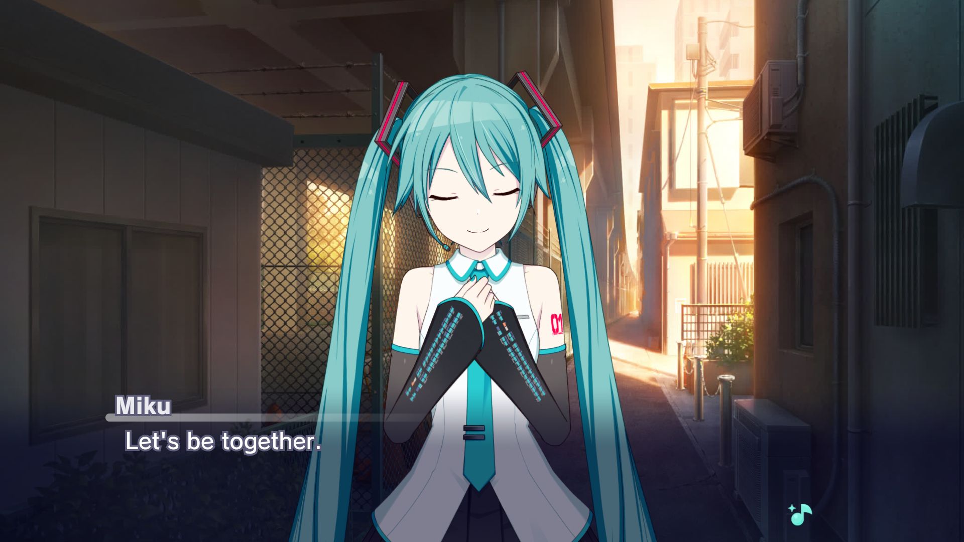 Made from Project Sekai's story board, in an alleyway, Hatsune Miku says "Let's be together."