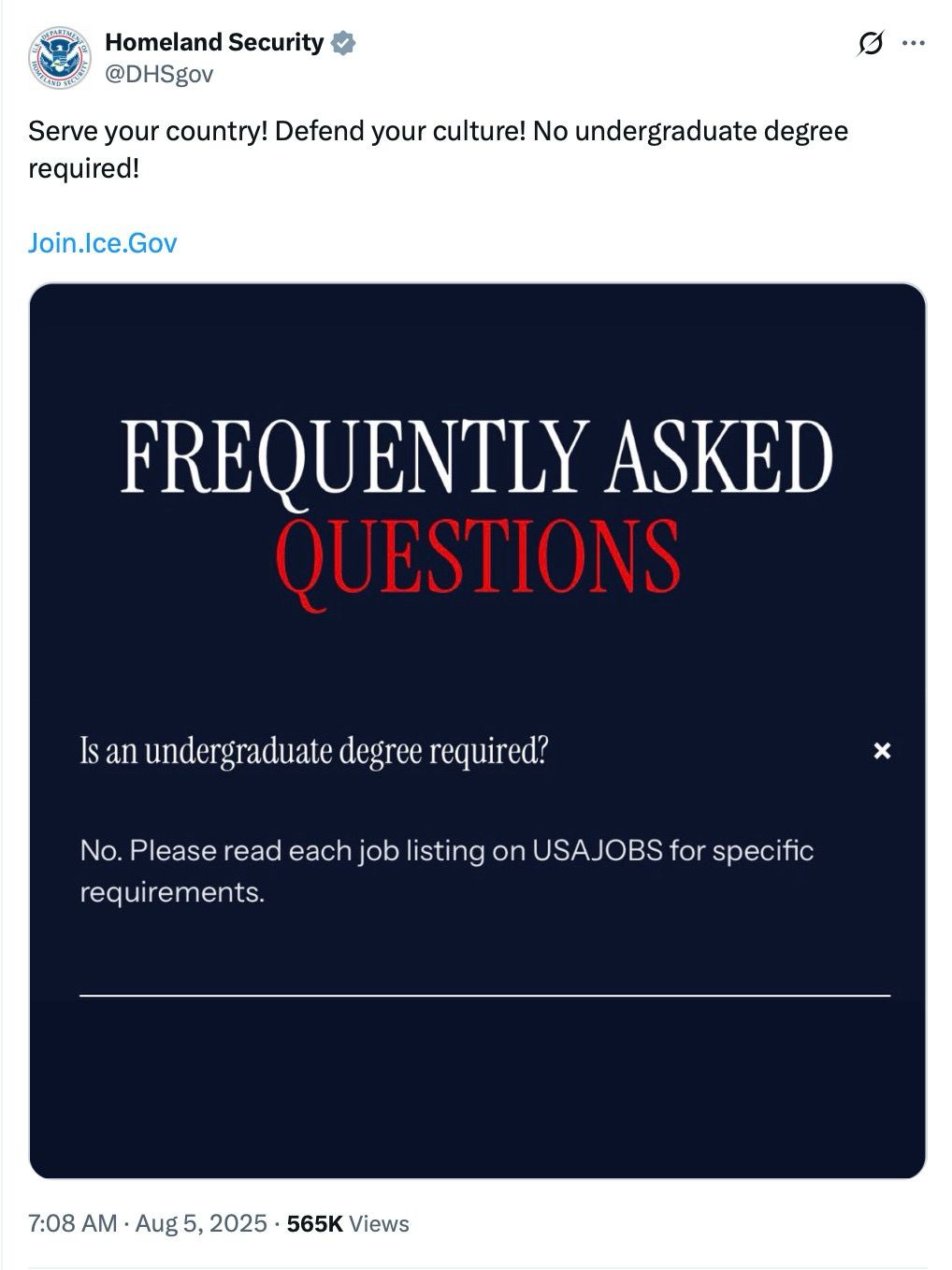 US DHS twitter post: “Serve your country! Defend your culture! No undergraduate degree required!”