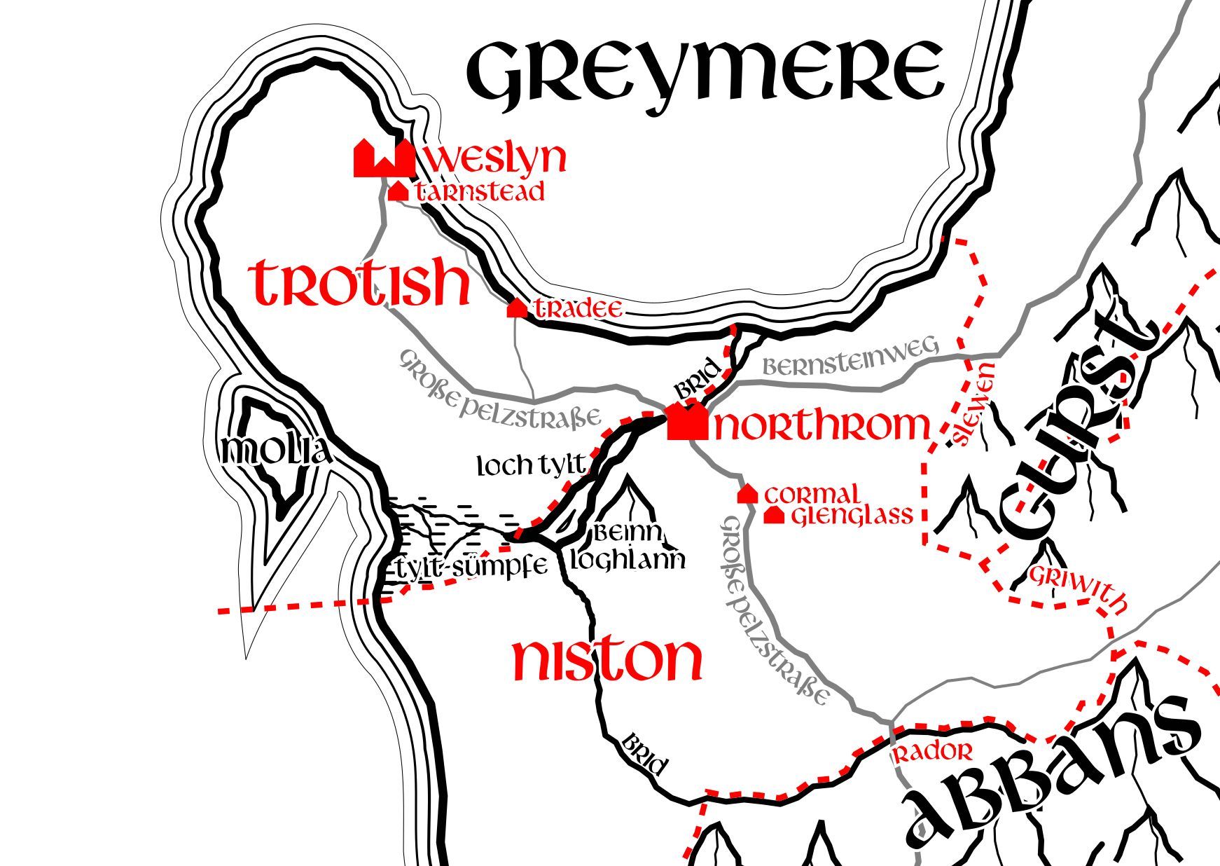 Small, old style cartography map of my WIP The Wolf in the Shadows