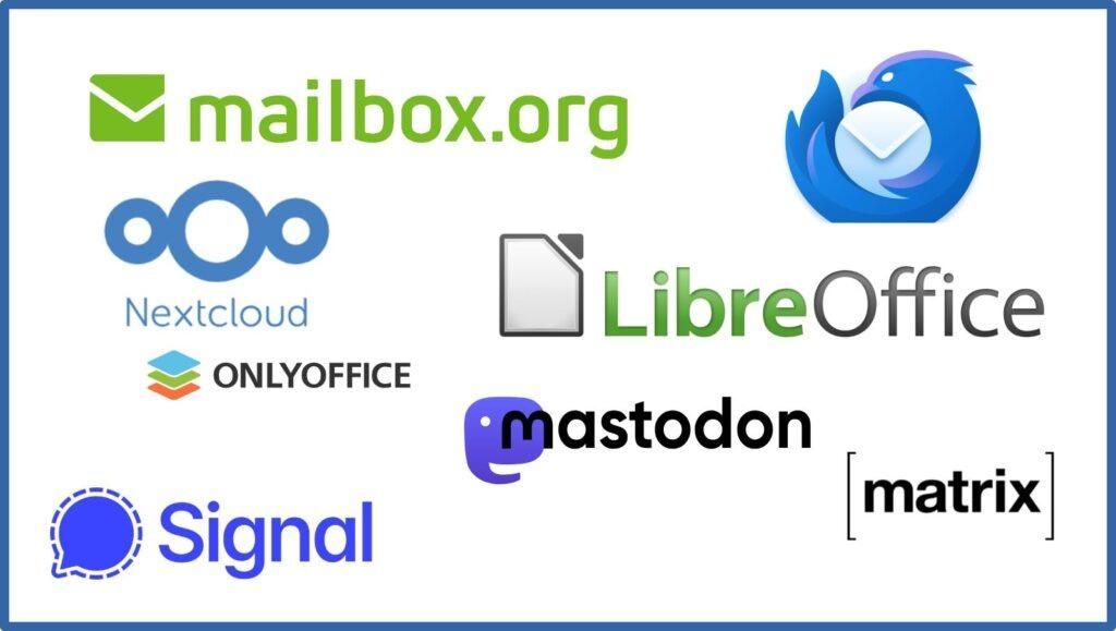 Collage of several free and open source software packages and other projects that enable software independence: mailbox.org, Thunderbird, NextCloud, OnlyOffice, LibreOffice, Mastodon, Signal, Matrix.