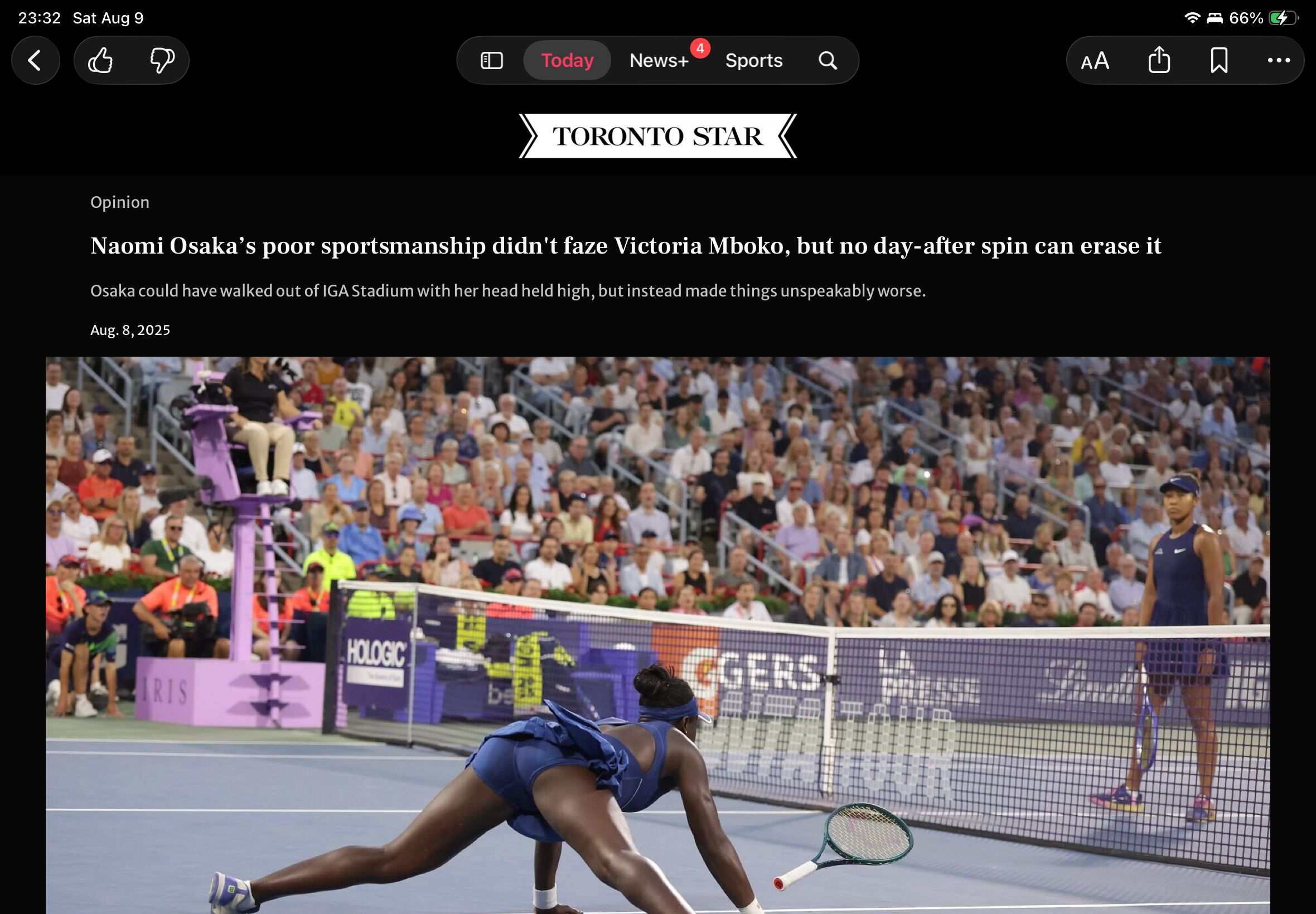A screenshot of a headline about Canadian Tennis star Vicki Mboko shows a picture of her from behind with legs spread as she is falling after reaching for and returning the ball.