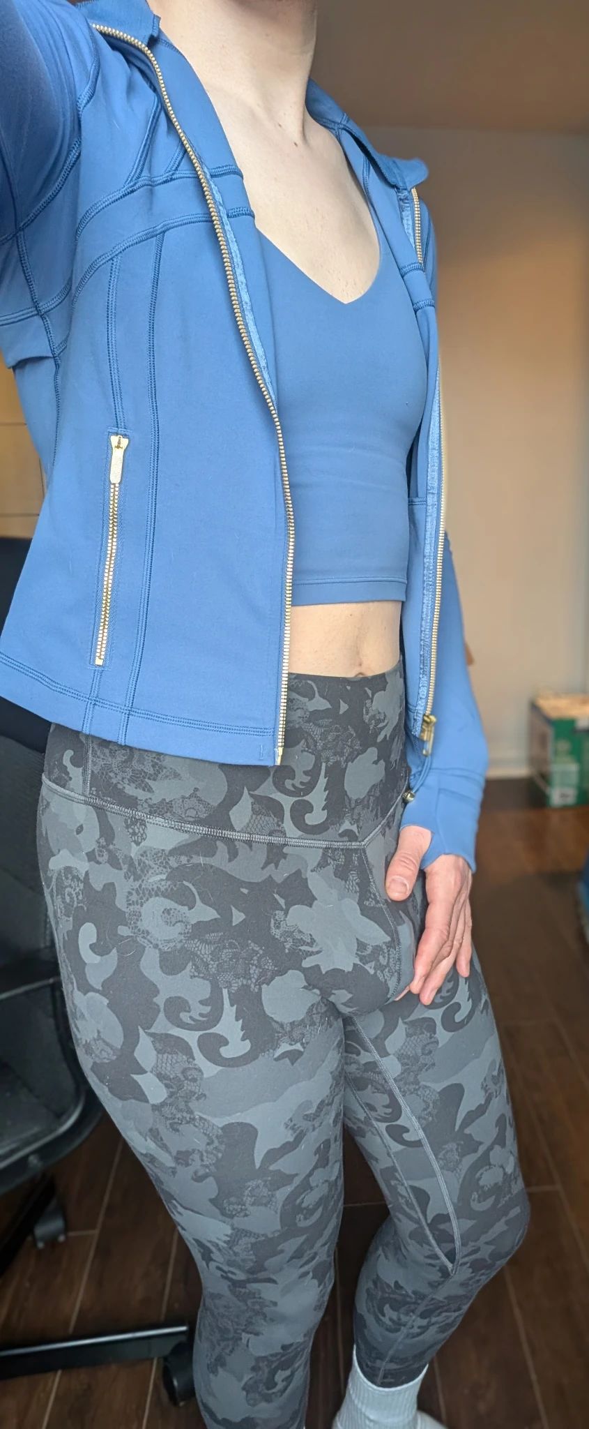 As I feel eyes on my body, and nearly hearing the horny thoughts, I unzipped my jacket to show off my body in a blue cropped tank top. As my own horny thoughts flood my mind, my hand has reached je edge of my bulge. In my imagination I am being slowly undressed and touched. Not too fast, sometimes I like it slow. Take your time to enjoy my covered body. Anticipate what you will do and what I will let you do.