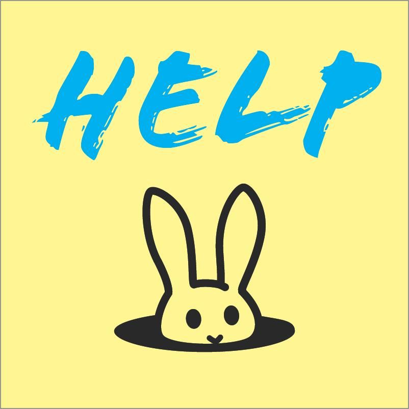 Scritta azzurra HELP su sfondo giallo con l'icona in nero di un coniglietto che spunta con la testa da una tana 