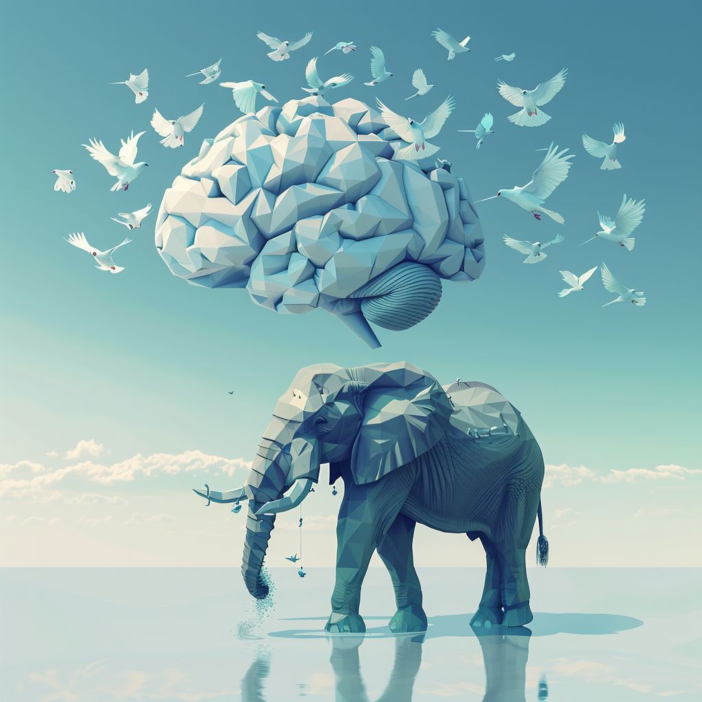 an image of a low-poly brain surrounded by white doves. It's hovering over a similarly low poly elephant. The elephant is walking across an endless plane of glassy water. Maybe it's a salt flat after the rains. 

In the distance there is a line of white fluffy clouds above the horizon.

everything is in washed out shades of blue and white.

I think of the birds as metaphorical thoughts, and the elephant represents mastodon.

This was generated with AI, because really, I'm was never going to commission an artist to make a random image for a pinned post.

If I was rich though... commissions for all the random thoughts! 😉