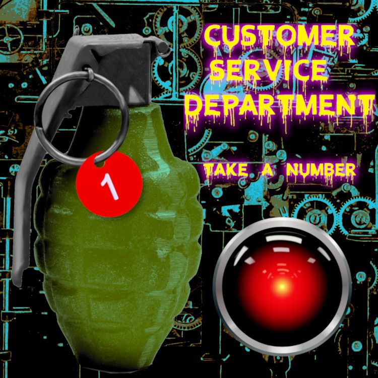 
A hand-grenade whose pull-ring has a circular tag with the number 1 in the center of it dangling from it. Next to it, in dripping letters, is the phrase 'Customer service department - take a number,' over the glaring red eye of HAL 9000 from Stanley Kubrick's '2001: A Space Odyssey.' Behind the scene is a confusion of gears and mechanisms.


Image:
Cryteria (modified)
https://commons.wikimedia.org/wiki/File:HAL9000.svg

CC BY 3.0
https://creativecommons.org/licenses/by/3.0/deed.en

--

KBetik (modified)
https://commons.wikimedia.org/wiki/File:Grenade_cover_old.jpg

CC BY-SA 3.0
https://creativecommons.org/licenses/by-sa/3.0/deed.en
