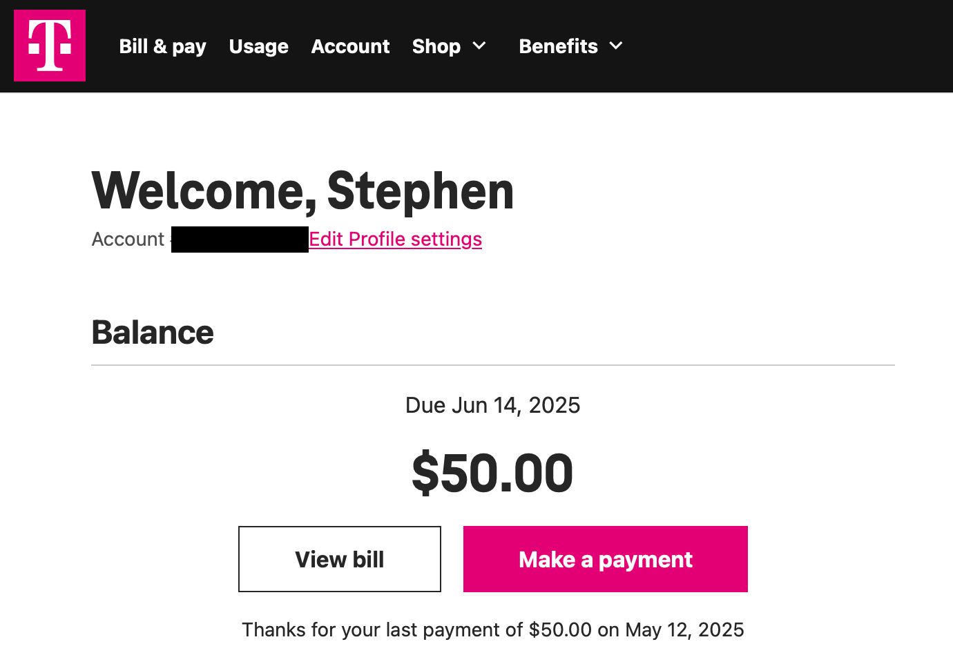 T-Mobile customer portal showing a flat $50 monthly bill.