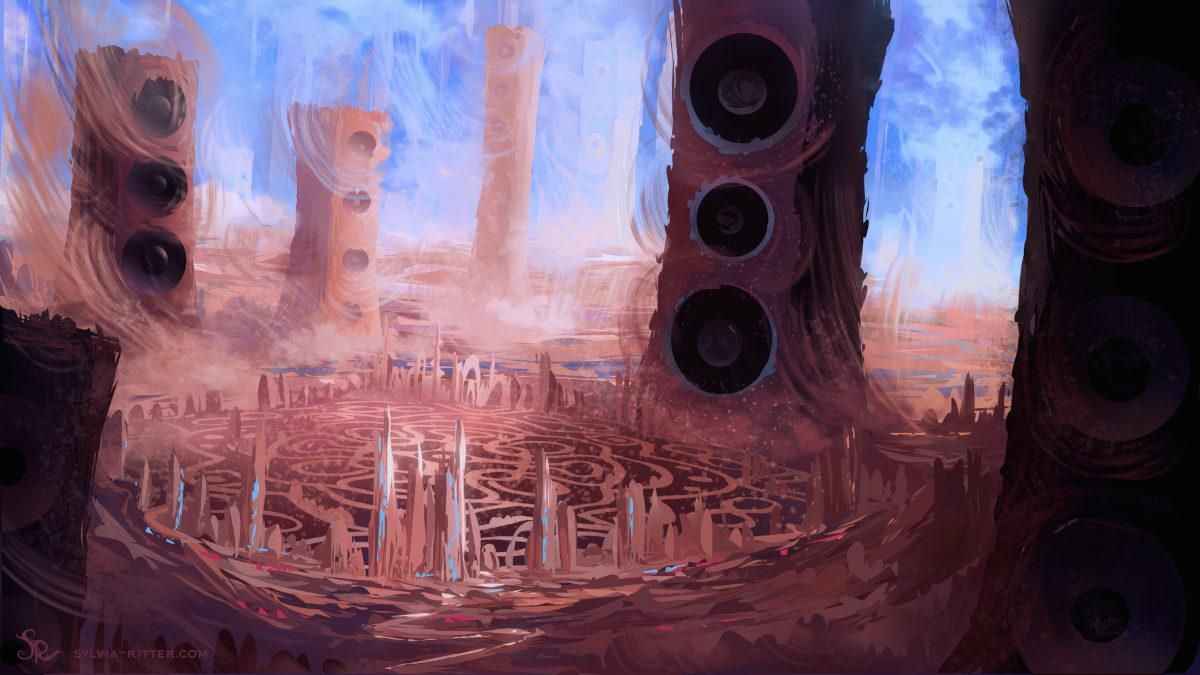 We are in the hot desert, with sandy colors and a bit of blue, red, and orange light. We can see huge monitor speakers causing wind and sending sand flying. In the center of the city, an abstract resonance pattern emerges. You have probably seen the sand resonance experiments with music, and I had the idea of letting it build a whole city. Born and falling to dust, on repeat. As long as the music plays, everything is alright. Only small variants will ensure small improvements and not destruction. The alien inhabitants are accustomed to these structural variations, and their hearing does not suffer. Music is their lifeline and the one thing that binds them together, above and below the city grounds.
https://www.deviantart.com/sylviaritter/art/Speedpainting-03122025-1271063849