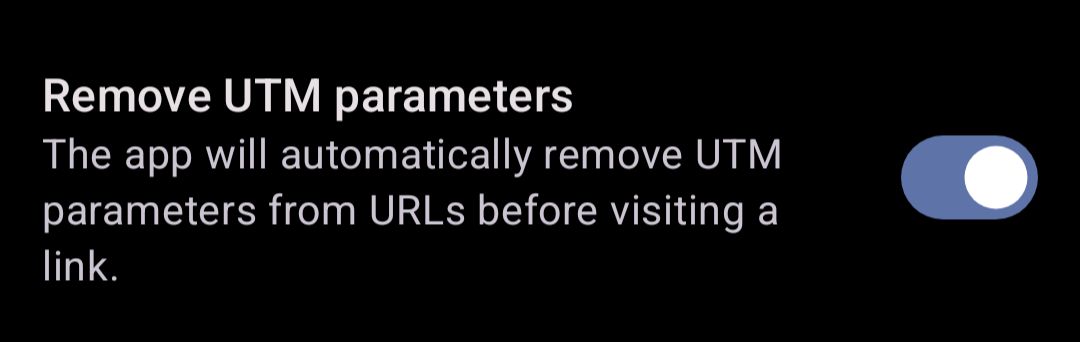 Screenshot of Settings where the option to remove UTM parameters has been turned on