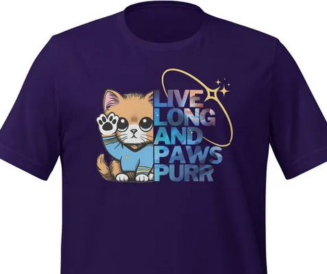 a shirt of a kitten in a star trek science uniform giving the live long and prosper sign next to "live long and paws purr"
