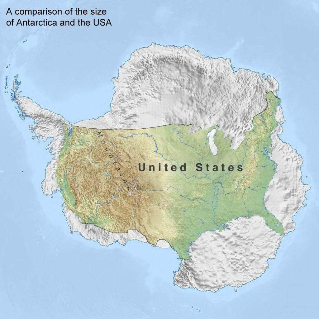 A map comparing the size of Antarctica and the United States. The map shows the entire continent of Antarctica with the outline of the contiguous United States superimposed on it. The United States is significantly smaller than Antarctica.
