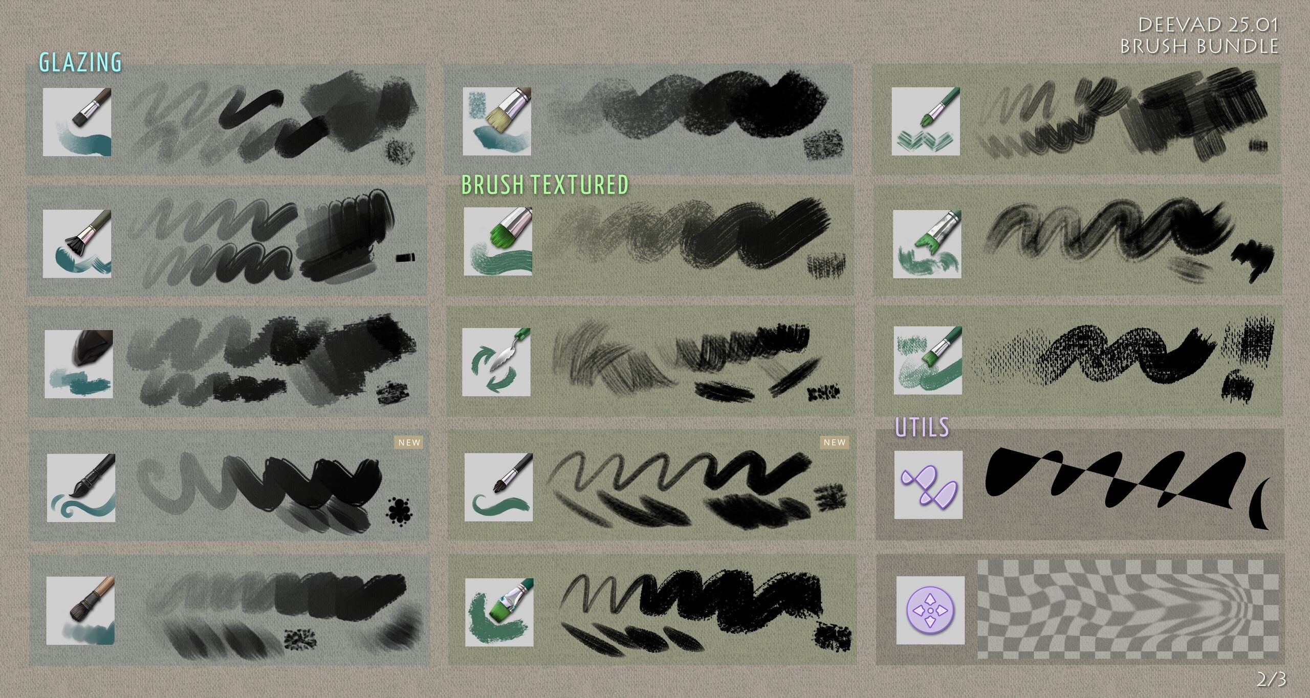 A grid listing 1/3 of the brushes and doing the demo of their effect visually. 