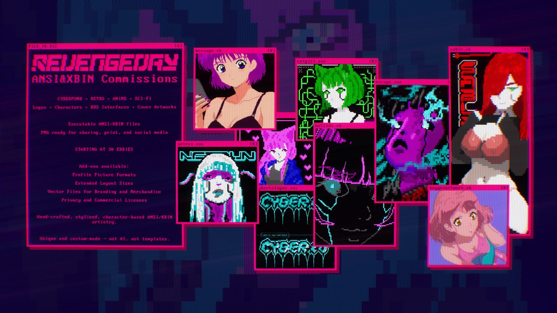 The image showcases a digital flyer featuring ANSI and XBIN art styles. The left side has text in a stylized font, advertising "REVENGEDAY ANSI & XBIN Commissions," mentioning creation categories like cyberpunk, retro, anime, and sci-fi. It highlights offerings such as logos, characters, and cover artworks, emphasizing hand-crafted, original art.
