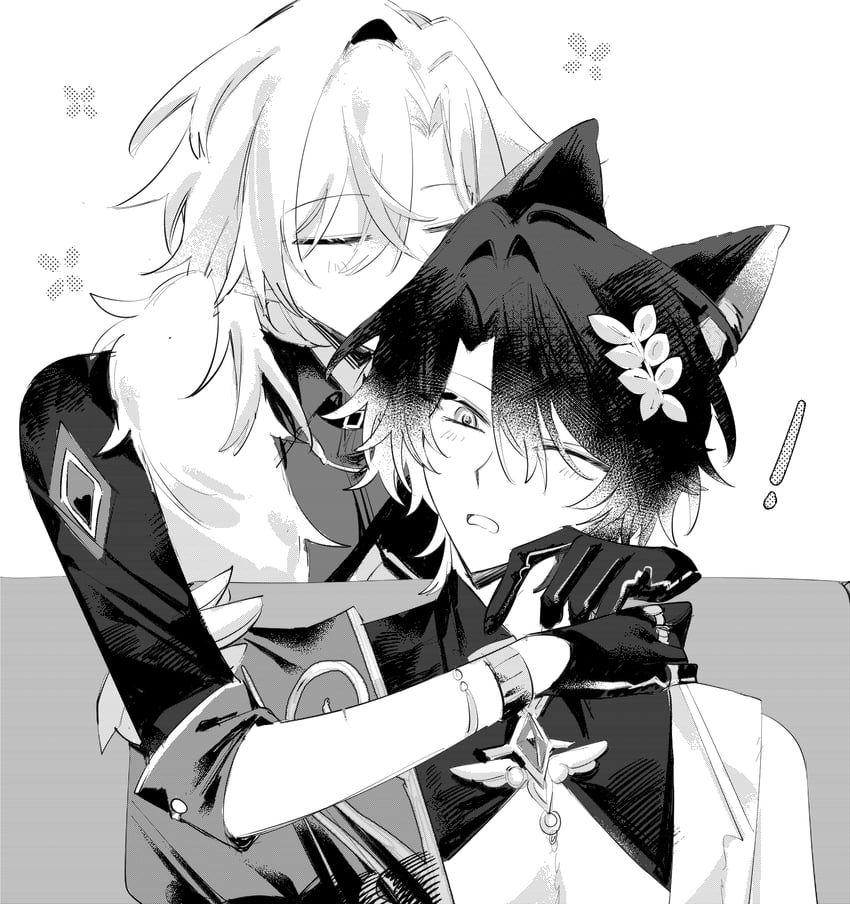 Yaoi with a boy kissing a catboy in the hair.