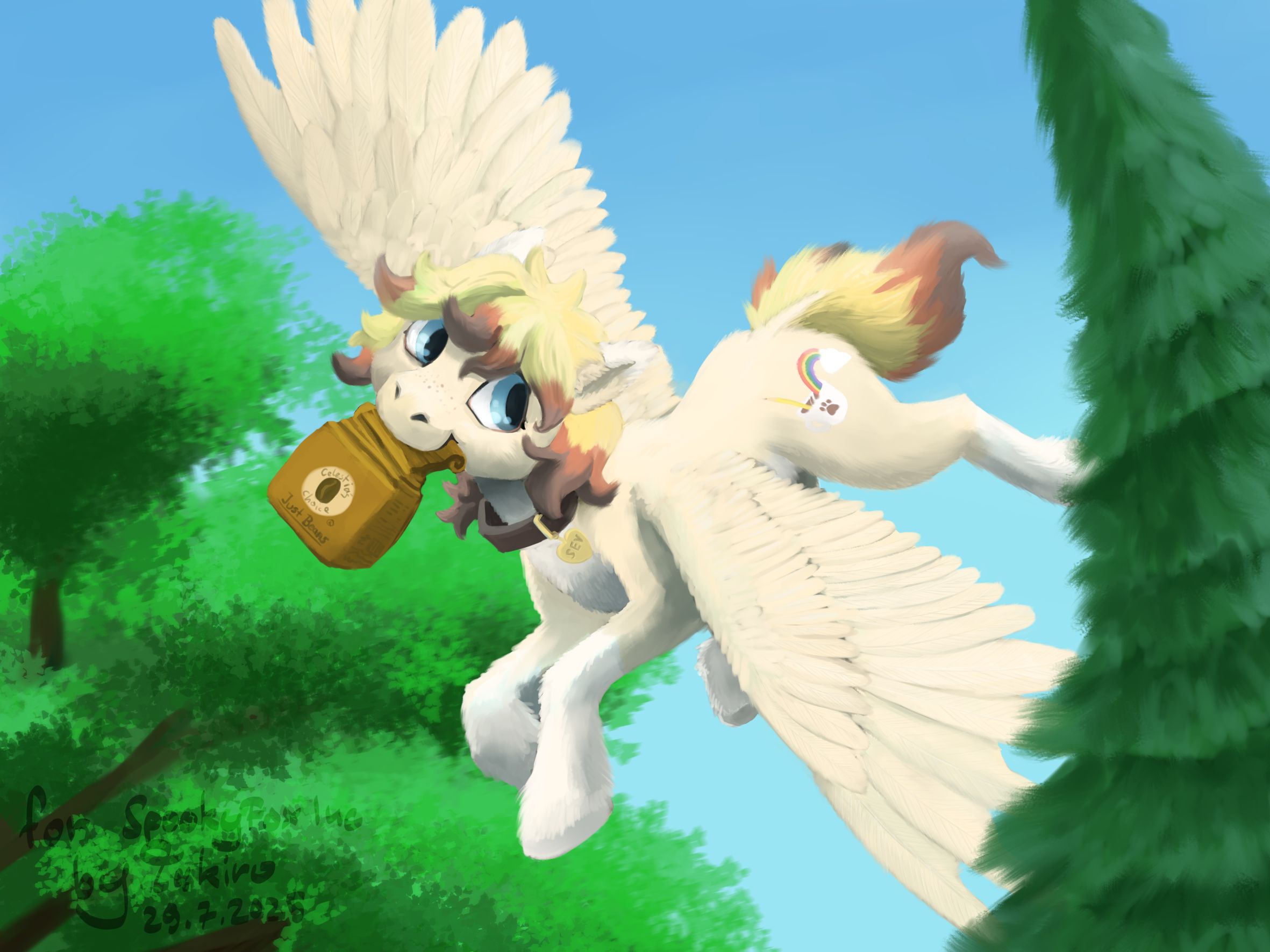 A painting of a creme colored Pegasus pony. They are flying with high speed close between two trees. In their maw they hold a bag of Celestias Choice coffee beans. The Pegasus has a yellow fluffy short mane with brown and red tips, the same as it's short tail. It's wings are spread as it does an evasive maneuver around a conifer. 

The Cutie Mark on their flank is a cup with a pen in it and a cloud that has a rainbow coming emerging and going into the cup. 

The painting has a great emphasis of the face and the wings. 