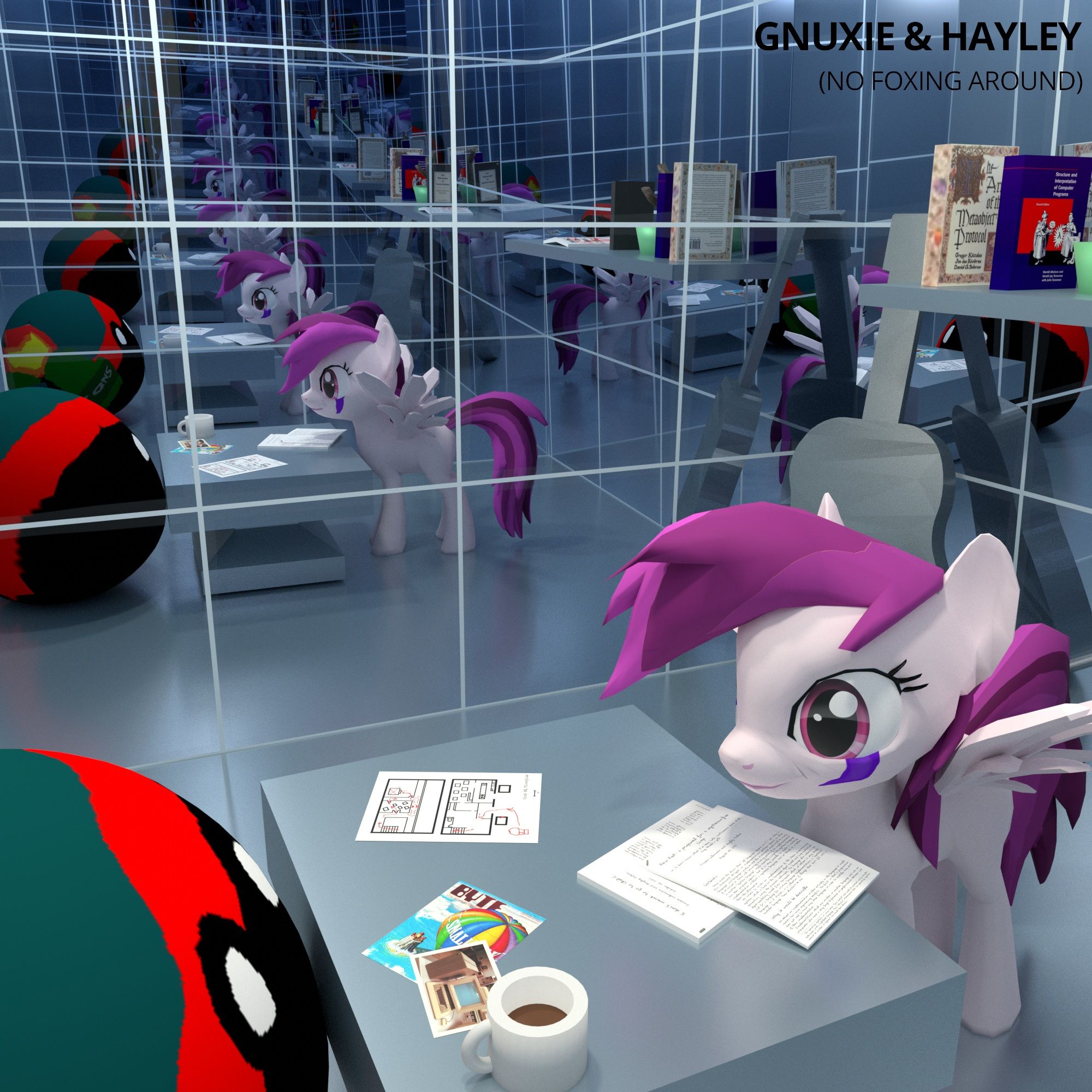 Gnuxie and Hayley sitting in a room with mirrored walls that produce a hall-of-mirror effect (ripping off the cover of Fripp & Eno No Pussyfooting). They sit at either sides of a desk with the Smalltalk special of the Byte Magazine, a picture of a Lisp machine, a floor plan with a scribbled path and two papers. On the far side is a shiny guitar shape, and a bookshelf with Structure and Interpretation of Computer Programs and The Art of the Metaobject Protocol on it.