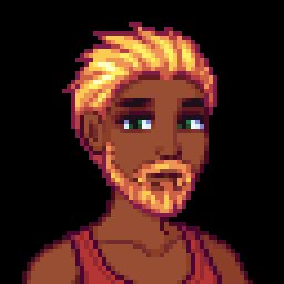 Stardew Valley-style pixel art of a black man with wavy blonde hair, green eyes, and a red tank top