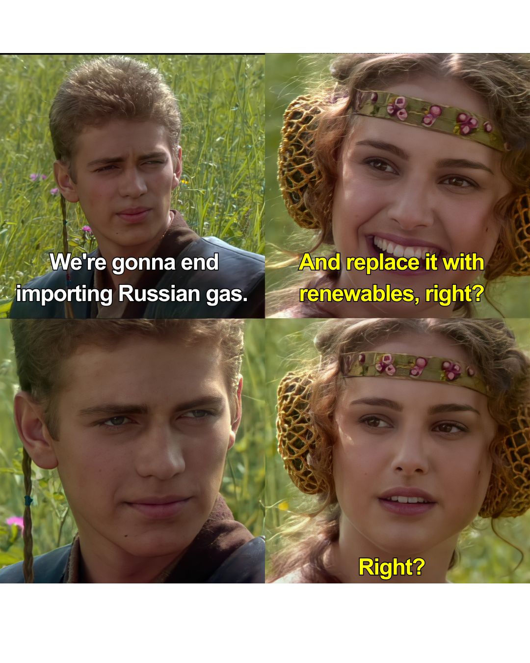 Two characters are speaking:
"We're gonna end importing Russian gas."
"And replace it with renewables, right?"
"..."
"Right?"