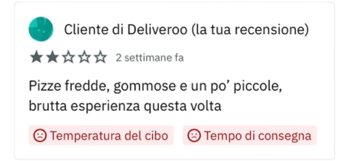 Recensione su deliveroo di 2 stelle con la motivazione: “pizze fredde, gommose e un po’ piccole, brutta esperienza questa volta”. Seguono faccine tristi accanto a “temperatura cibo” e “tempo di consegna”