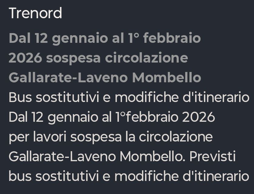 Dal 12 gennaio al 1 febbraio la tratta Gallarate - Laveno é sospesa