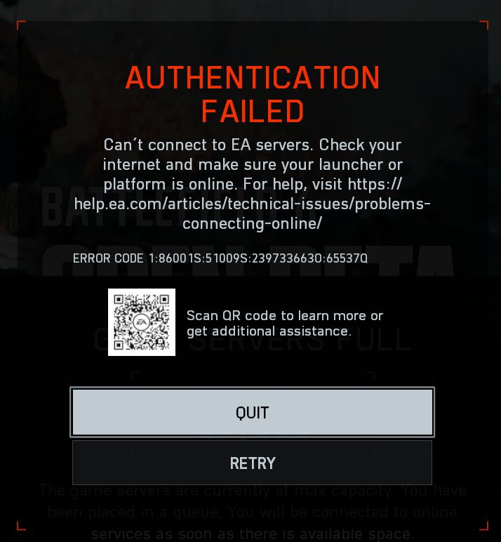 battlefield 6 saying "authentication failed" "can't connect to EA servers. Check your internet and make sure your launcher or platform is online." with an error code signifying the account has been given a penalty