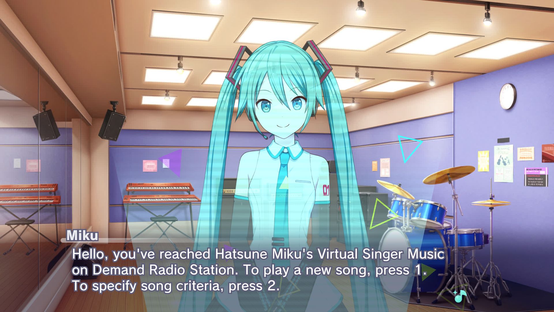 Made from Project Sekai's story board, in a music studio, a static Hatsune Miku says "Hello, you've reached Hatsune Miku's Virtual Singer Music on Demand Radio Station. To play a new song, press 1. To specify song criteria, press 2."