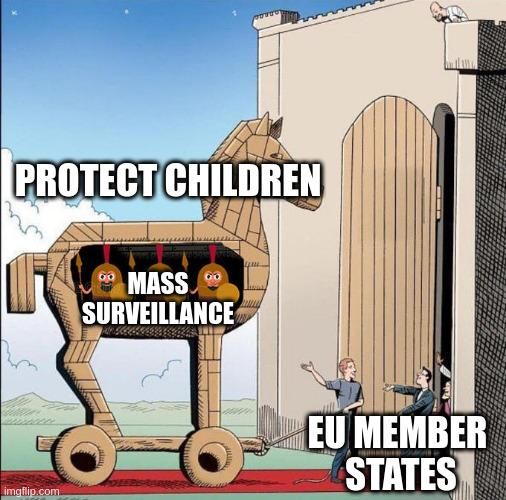 Image shows meme of a Trojan horse with "mass surveillance" inside