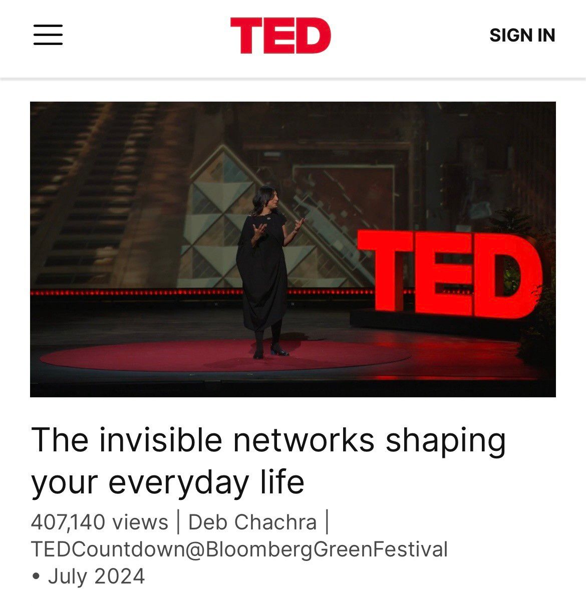 A screenshot of the site the link above goes to. It includes a video still 8in which a dark-haired woman in an asymmetric dress stands onstage in front of the word TED in large, red, glowing letters.