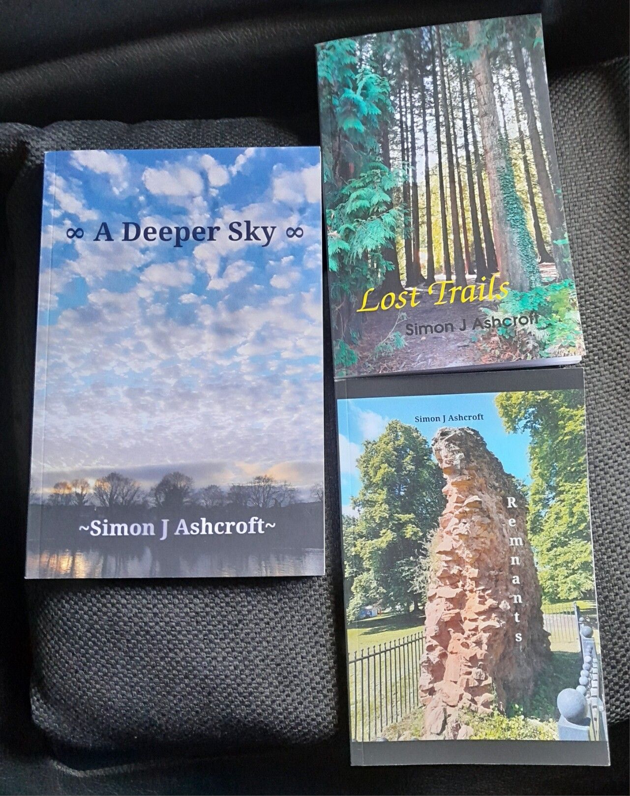 Image of covers of 3 paperback books, "Remnants", "A Deeper Sky" & Lost Trails". Two volumes of haiku / senryu and one of longer poems.