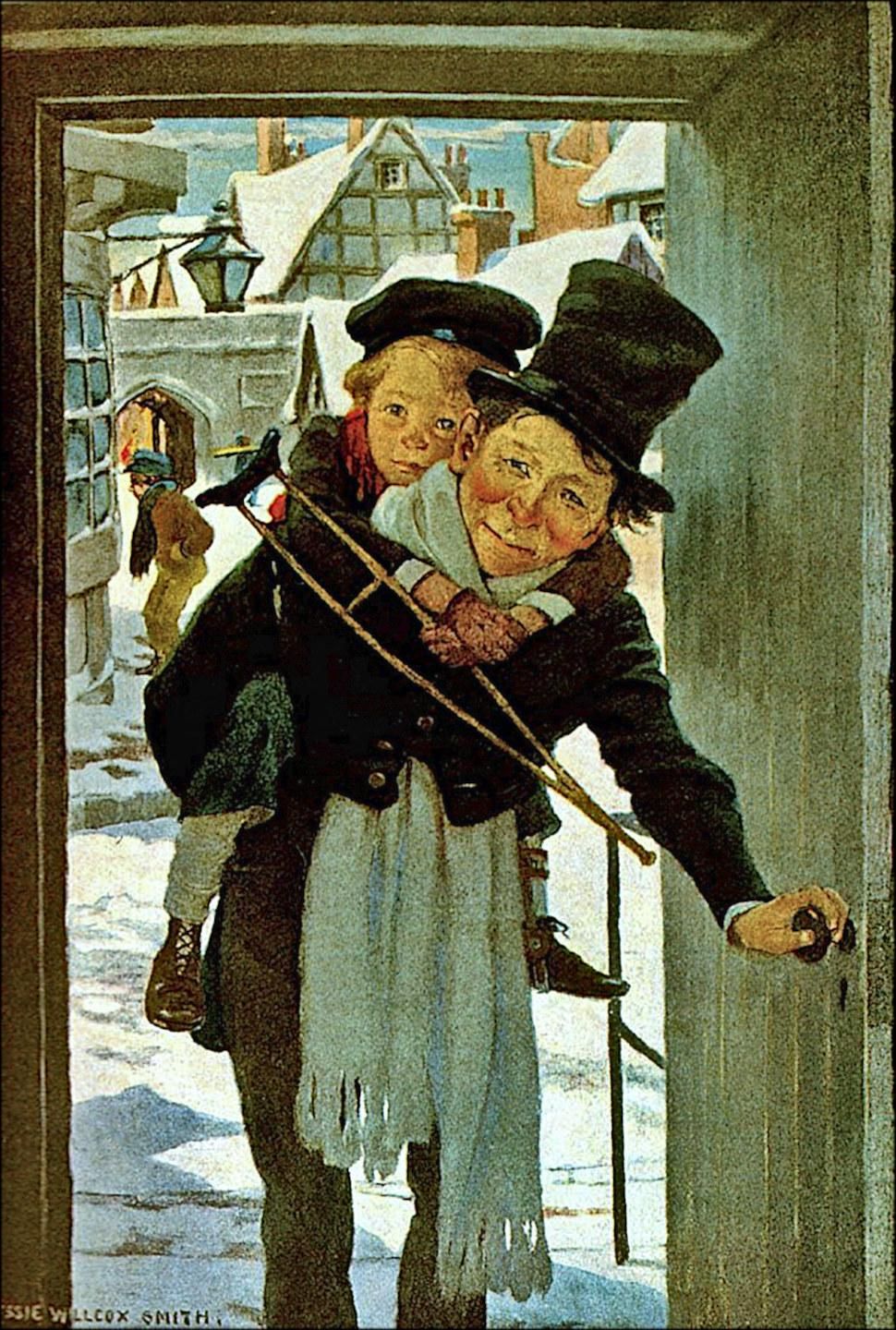 Tiny Tim on Bob's back as he enters the Cratchet home on Christmas Day, in Dickens's "A Christmas Carol"

Help me find where I stole this lovely -- Jesse Wilcox Smith ,oil on canvas?, please.