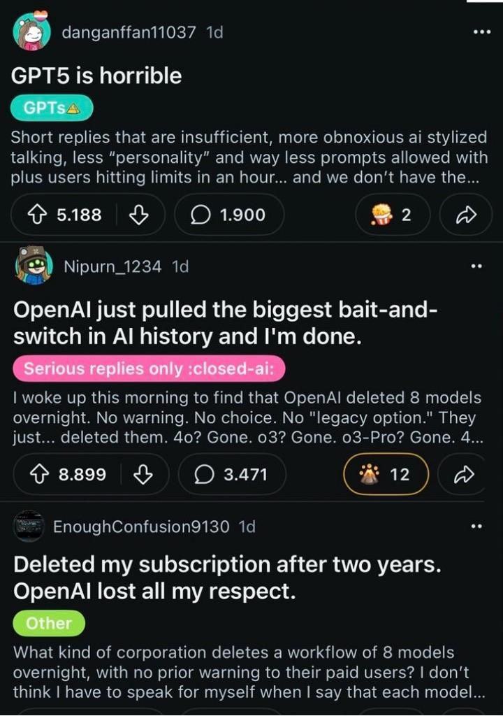 A series of user comments expressing dissatisfaction with GPT-5 and OpenAI's recent decision to delete several models without prior warning. Users share frustrations about the changes and the lack of communication from OpenAI. The comments reflect a sense of betrayal and disappointment.