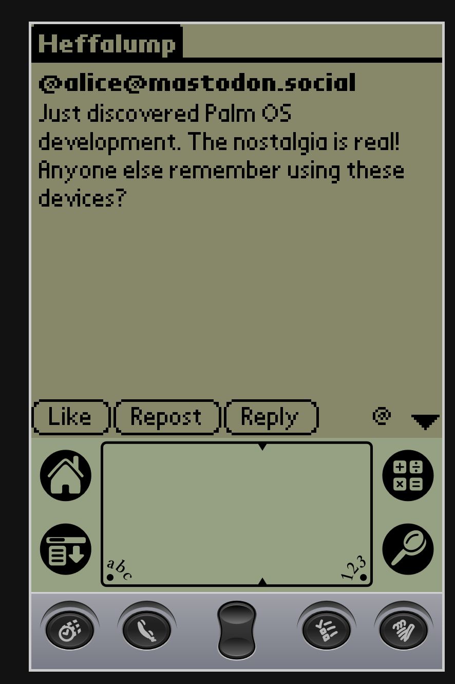 Heffalump running on a Palm Vx in an emulator, with an example tweet (LLM-generated dummy text) in the center. There are like, repost and reply buttons, plus up and down buttons.