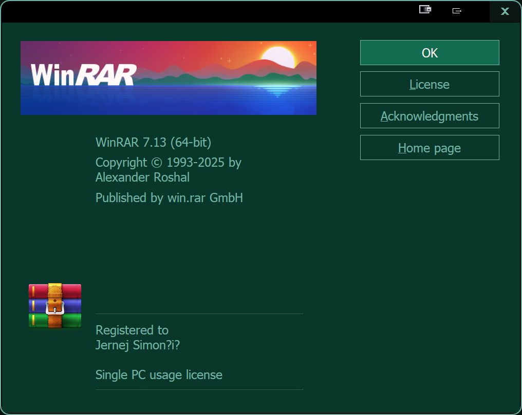 WinRAR About dialog box, showing it's registered to Jernej Simon?i?