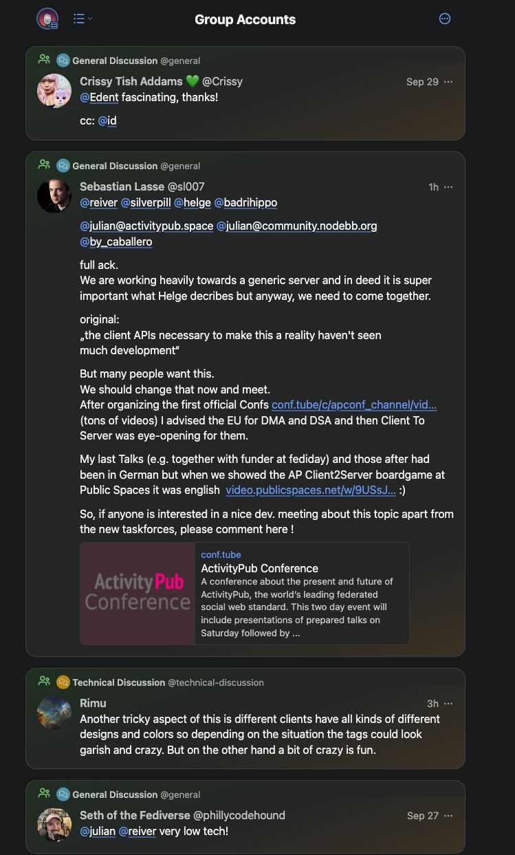 A screenshot of a group discussion on a social network featuring multiple comments. The conversation includes topics related to technology and software development, specifically mentioning APIs and a conference. Usernames and timestamps are visible, indicating ongoing discussions among participants.