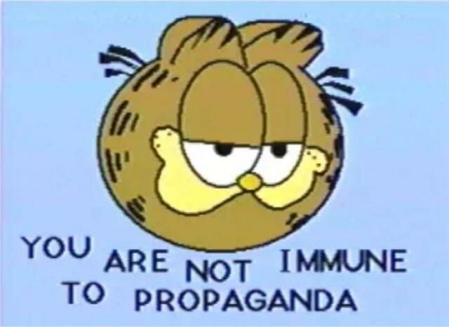 Garfield the cartoon cat’s face accompanied by the phrase “You are not immune to propaganda”.
