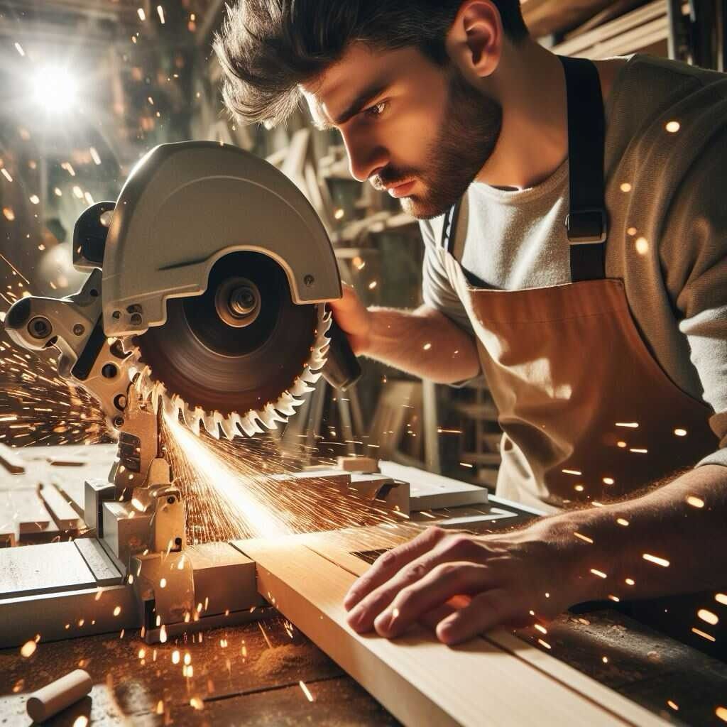 Just the most awful attempt at AI imagery; a guy with no safety glasses is operating an electric mitre saw. The blade is not touching the piece of wood fastened to its deck, and yet it is shooting a prolific amount of sparks for some reason. The sparks are flying off in a direction opposite to the way saws spin. 