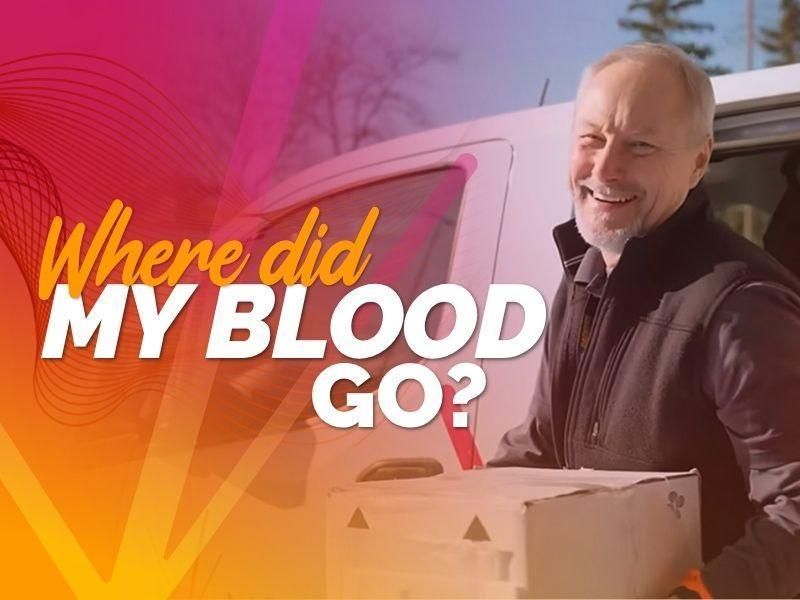 An older white guy standing next to a van and holding a box while smiling. The left of the image fades into a yellow/pink gradient pattern. Caption reads "Where did my blood go?"