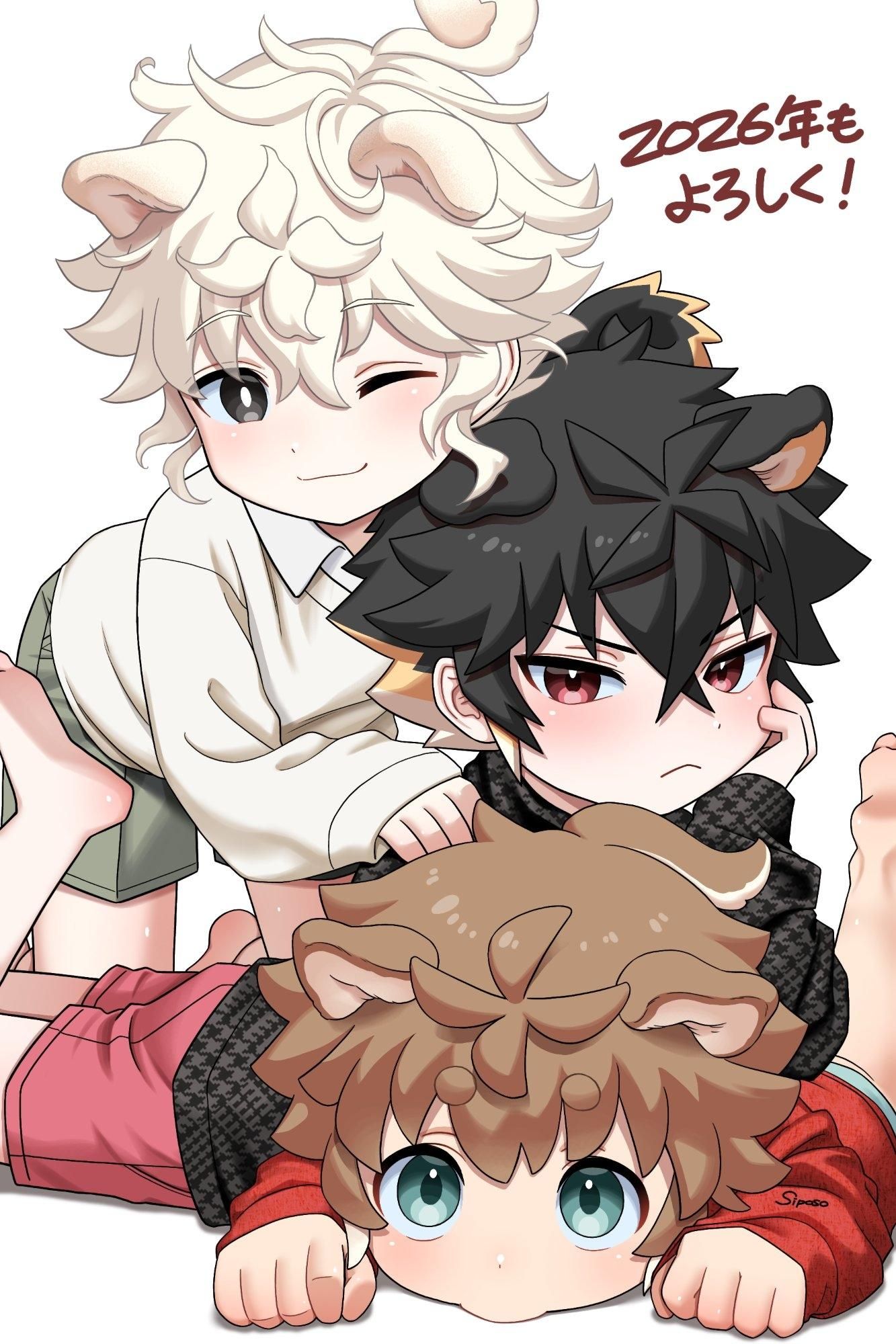 Three catboys cuddling, fighting, or both. I don't know.