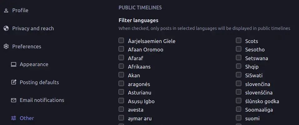 Screenshot of Mastodon > Preferences > Other > Public Timelines > Filter languages