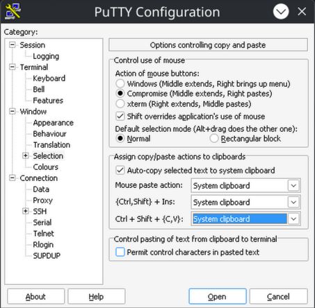 Putty allows Copy and Paste as works in KDE Konsole: Ctrl + Shift + {C,V}