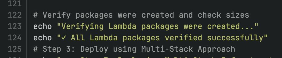 A screenshot of a code editor. The line numbers are in the lefthand column, running from 121 to 125. There is a comment that says "Verify packages were created and check sizes" Then line 123 says echo Verifying Lambda packages were created... and Line 124 says echo checkmark emoji colon All Lambda packages verified successfully. There is no line in here that actually did anything.
