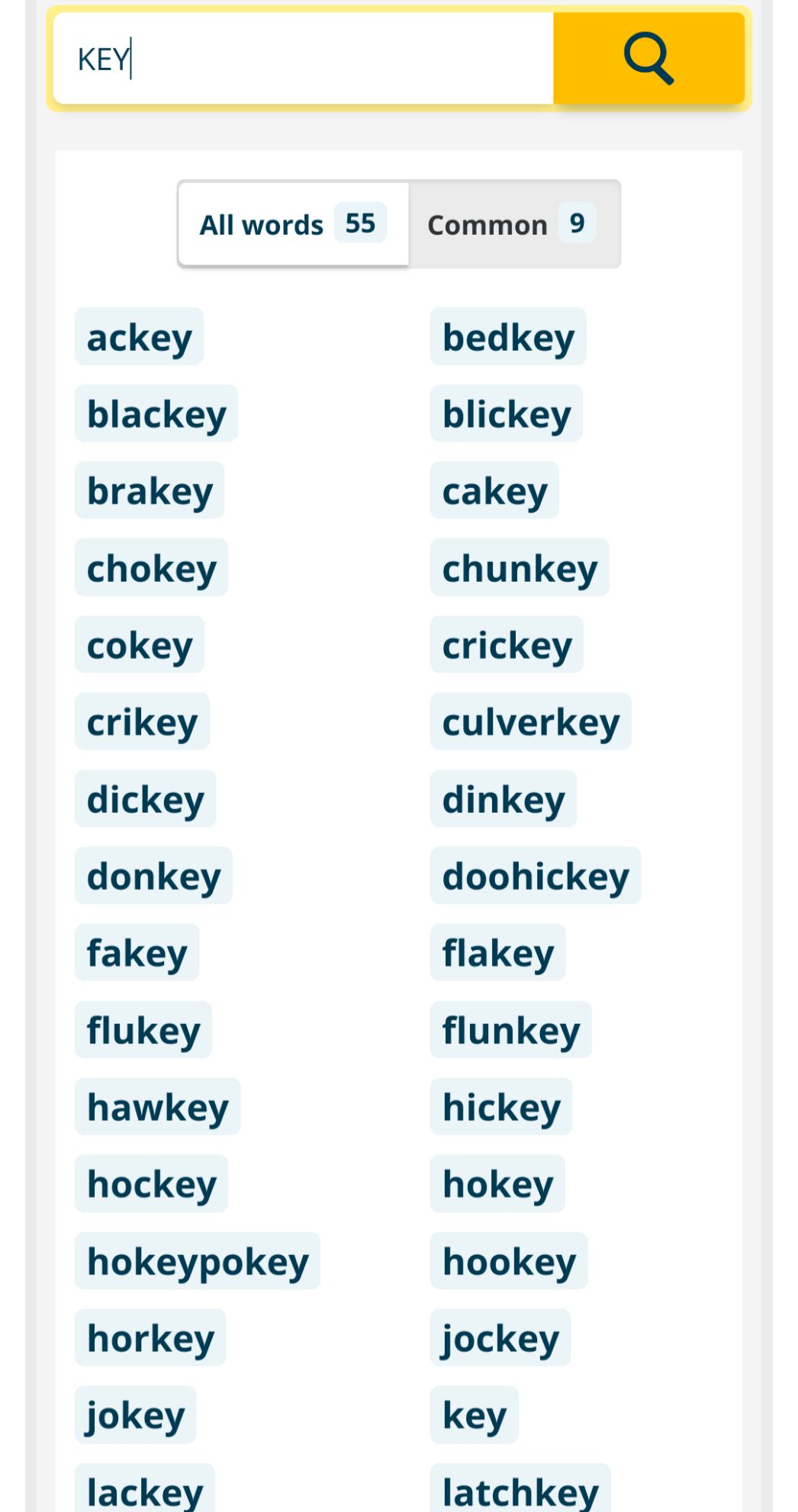 Merriam Webster search for words ending in KEY, of which there are 55 results