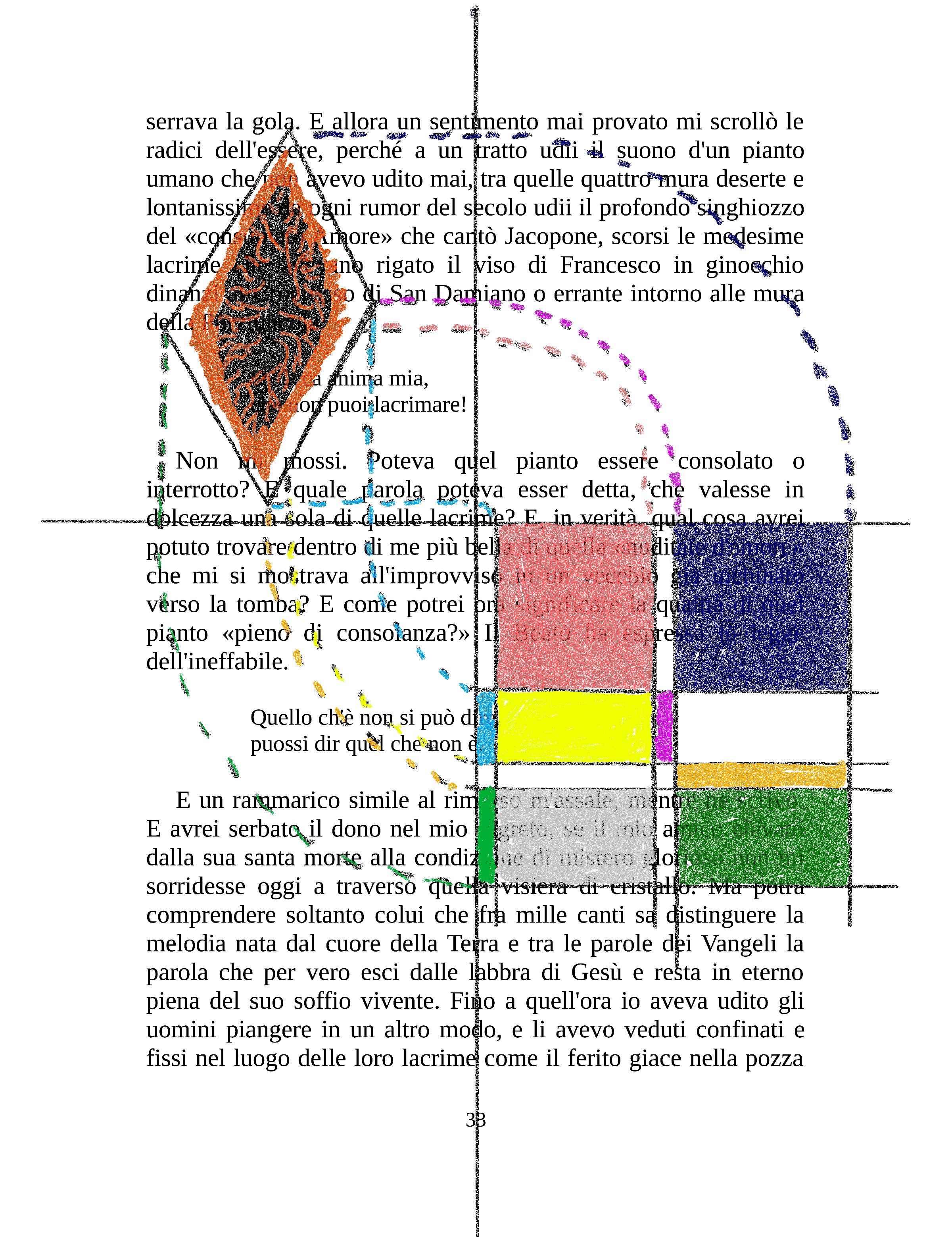 una pagina di un libro di d'annunzio su cui è disegnato una proiezione ortogonale errata che parte da un rombo con interno filamentoso rosso e arriva ad alcuni rettangoli a tinta unita