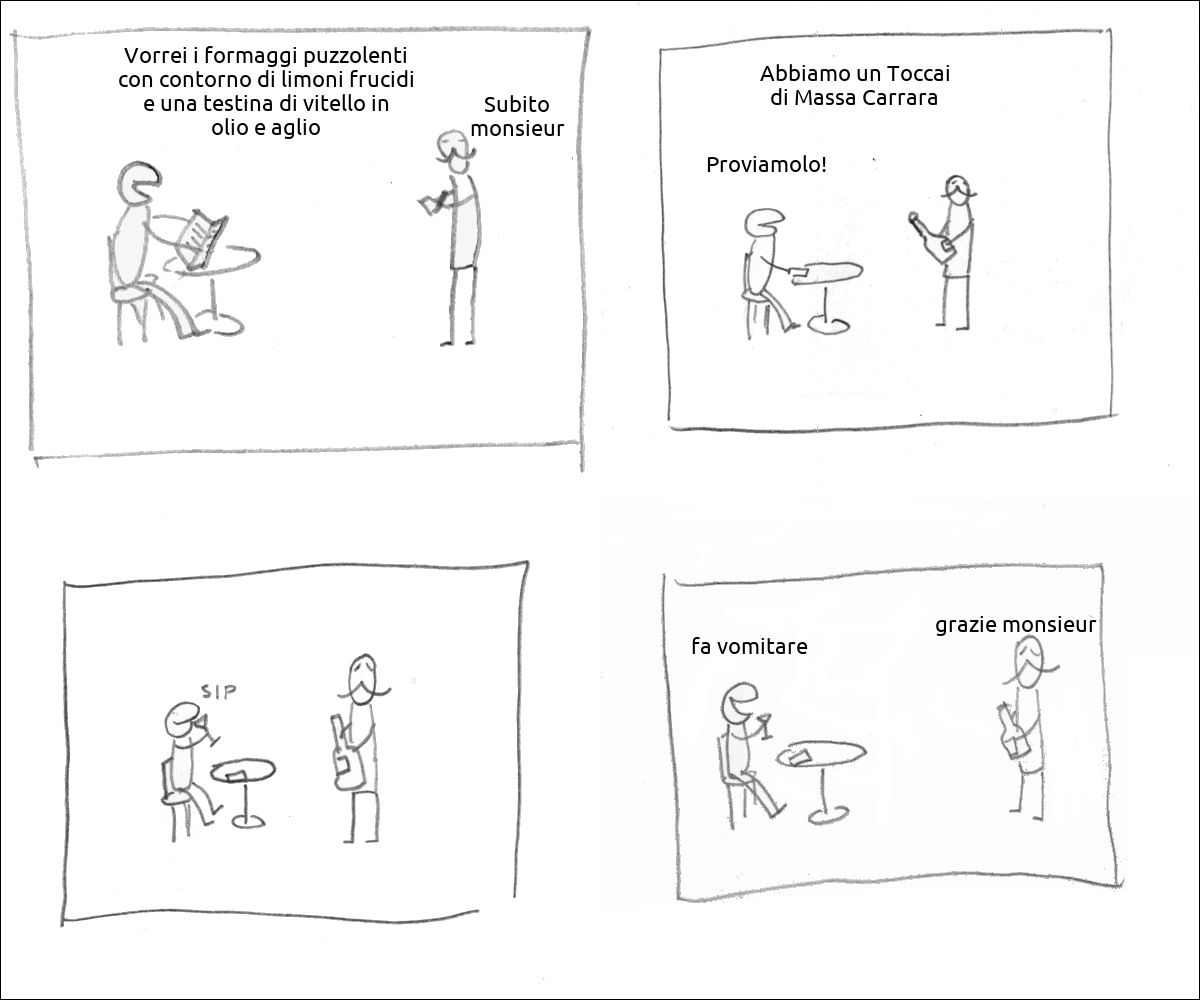 al ristorante un tizio ordina: «Vorrei i formaggi puzzolenti con contorno di limoni frucidi e una testina di vitello in olio e aglio» e il cameriere: «Subito monsieur»
il cameriere propone: «Abbiamo un Toccai di Massa Carrara» e il cliente risponde: «Proviamolo!»
il cliente assaggia il vino
il cliente soddisfatto dice: «fa vomitare» e il cameriere ringrazia: «grazie monsieur»
