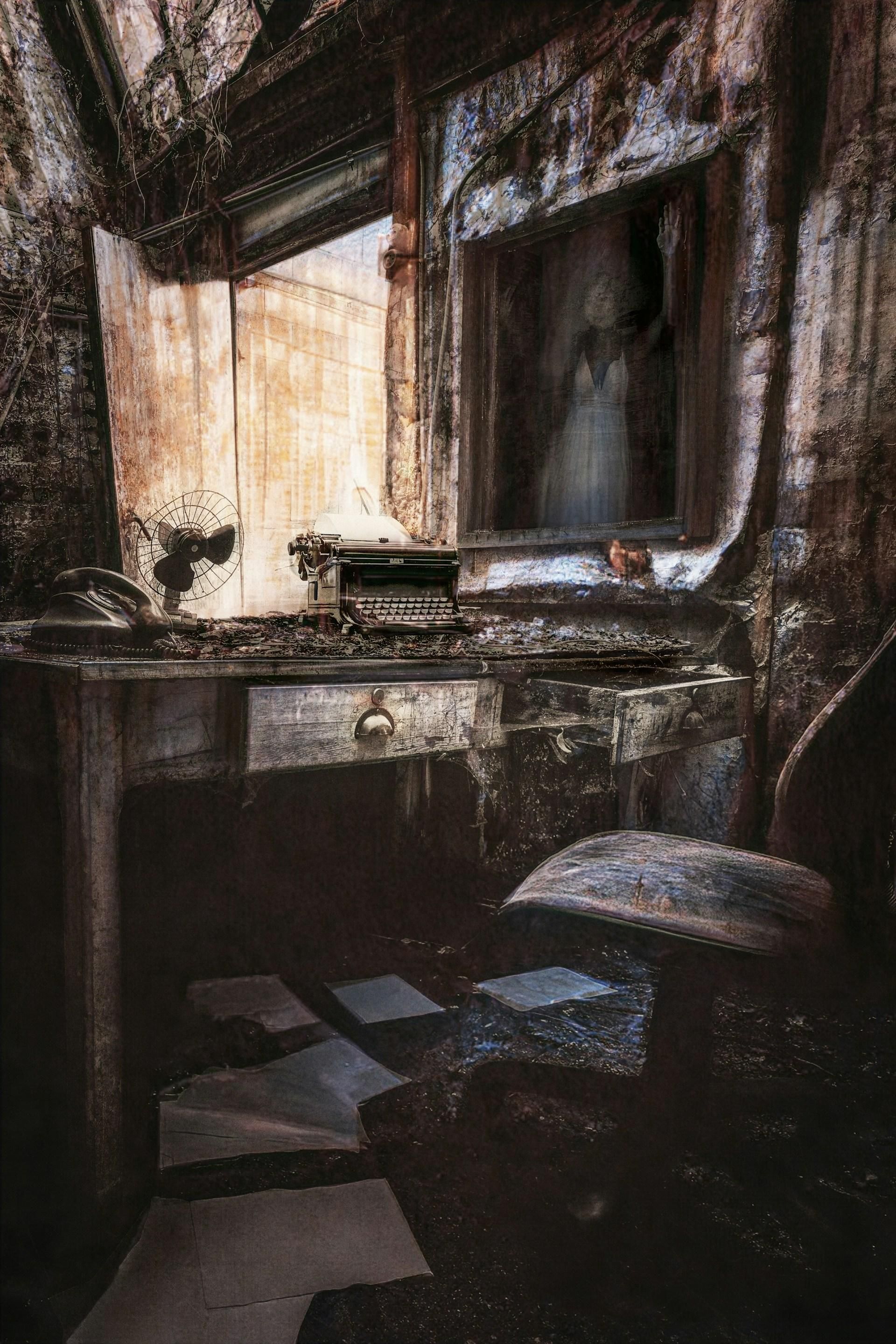 Eine Arbeitsstube oder Privatbüro, verlassen, verfallen, in Graubrauntönen gehalten. Schubladen sind teilweise aufgezogen, eine alte Schreibmaschine, ein altes Telefon und ein Ventilator auf dem Tisch. An der Wand ein eher beunruhigendes Bild einer Person in weißem Kleid oder Nachthemd. Papiere auf dem Boden. Insgesamt eher unheimlich.