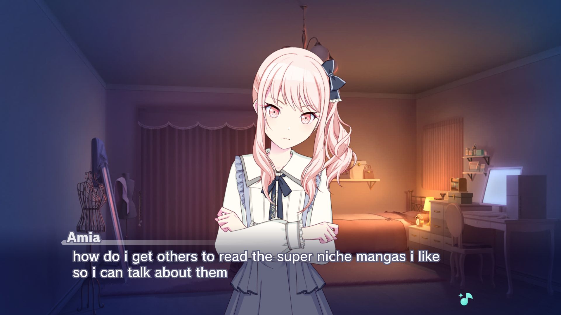 project sekai custom story board with mizuki in her room saying "how do i get others to read the super niche mangas i like so i can talk about them"