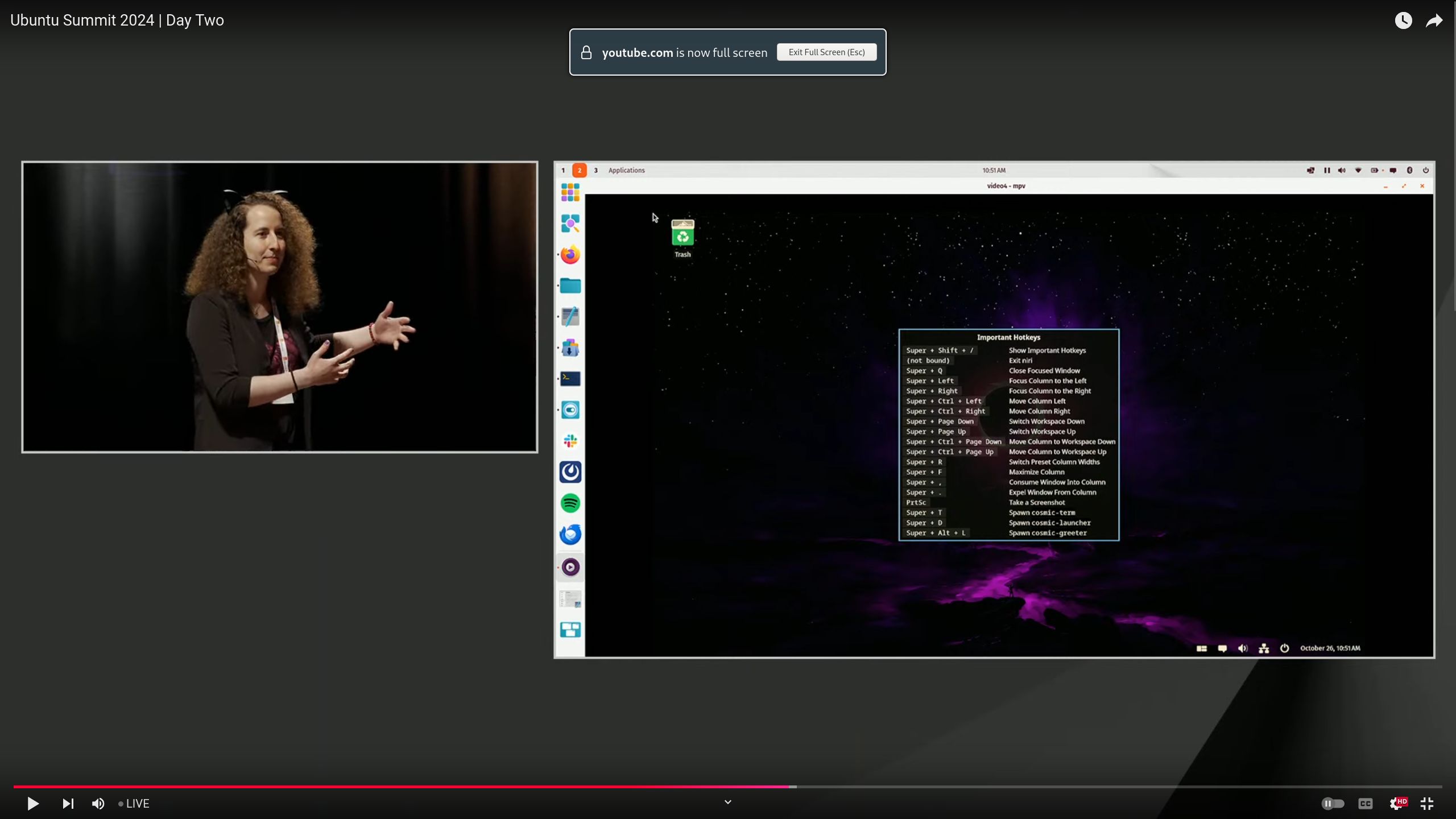 Screenshot of Ubuntu Summit 2024 Day Two recording with niri showing cosmic background, desktop and panel.