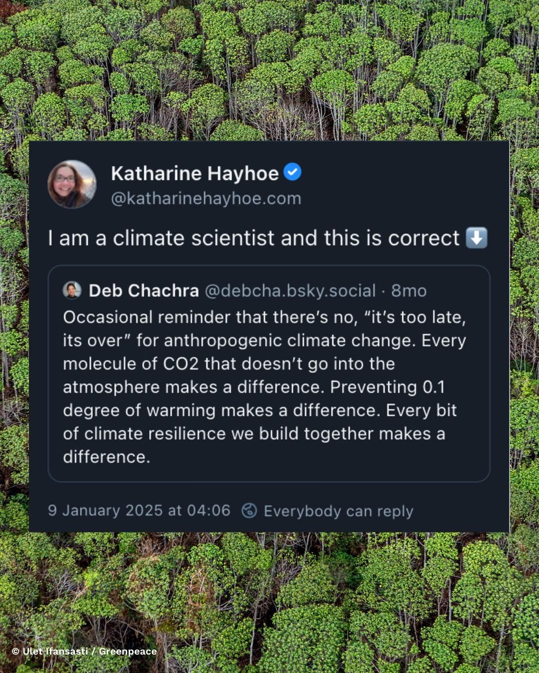 Image of forest with a bluesky post from @katherinehayhoe.com / @debcha.bsky.social reading: I am a climate scientists and this is correct / Occasional reminder that there's no "it's too late, it's over" for anthropogenic climate change. Every molecule of CO2 that doesn't go into the atmosphere makes a difference. Preventing 0/1 degree of warming makes a difference. Preventing 0.1 degree of warming makes a difference. Every bit of climate resilience we build together makes a difference.